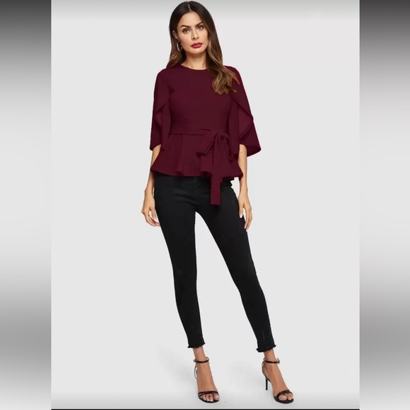 [Shein] Red Peplum Bell Sleeve Top - Picture 6 of 8
